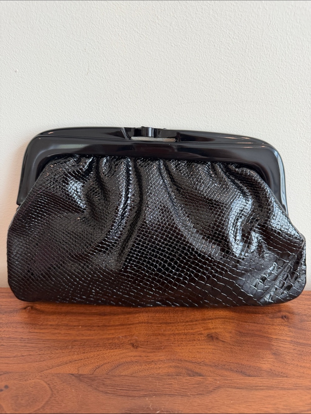 Vintage Black Leather Croc-Texture Frame Clutch - Made in Italy